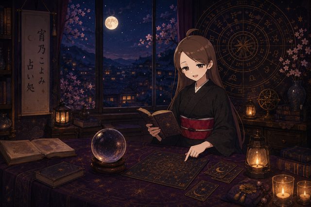 夜、水晶玉と月明かりの中で占う宵乃こよみ
